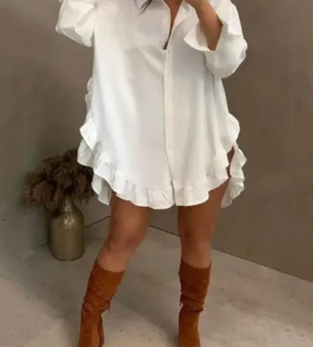 Fall Party Prom White Mini Dresses Women 2024 Falbala Lapel Long Sleeve Casual Shirts Dress clearance sale