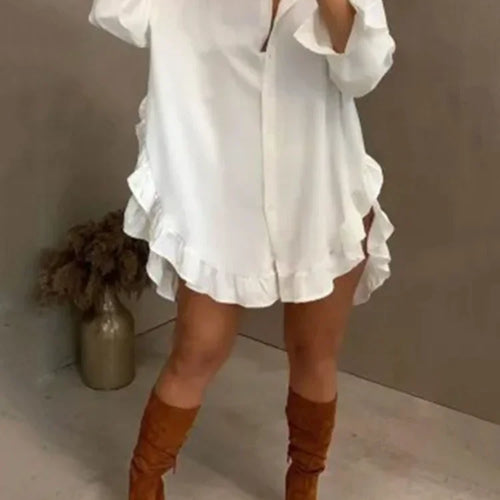 Load image into Gallery viewer, Fall Party Prom White Mini Dresses Women 2024 Falbala Lapel Long Sleeve Casual Shirts Dress clearance sale
