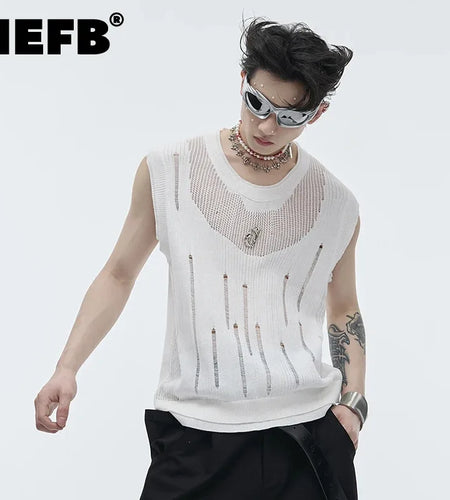 Summer Streetwear Men Knitted Vest Round Collar Tank Top Men's Sleeveless T-shirt Metal Design Summer 24Y164