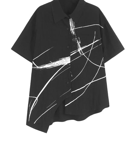 Women Black Irregular Printed Big Size Casual Blouse New Lapel Short Sleeve Shirt Fashion Tide Spring Summer 2025 1DJ1580