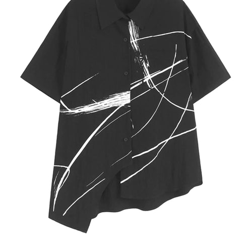 Load image into Gallery viewer, Women Black Irregular Printed Big Size Casual Blouse New Lapel Short Sleeve Shirt Fashion Tide Spring Summer 2025 1DJ1580
