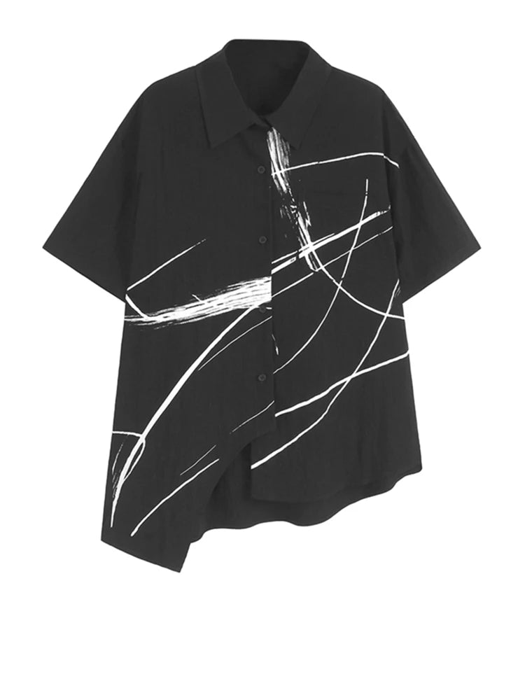 Women Black Irregular Printed Big Size Casual Blouse New Lapel Short Sleeve Shirt Fashion Tide Spring Summer 2025 1DJ1580