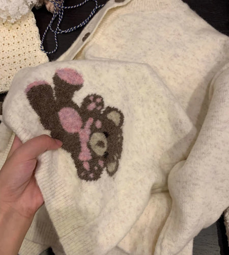 Preppy Style Kawaii Cute Casual Cardigans Y2k Aesthetic Women Knitted Cartoon Jacquard Tops Harajuku Single Breasted Loose Coats