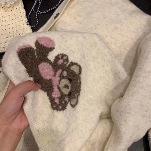 Load image into Gallery viewer, Preppy Style Kawaii Cute Casual Cardigans Y2k Aesthetic Women Knitted Cartoon Jacquard Tops Harajuku Single Breasted Loose Coats
