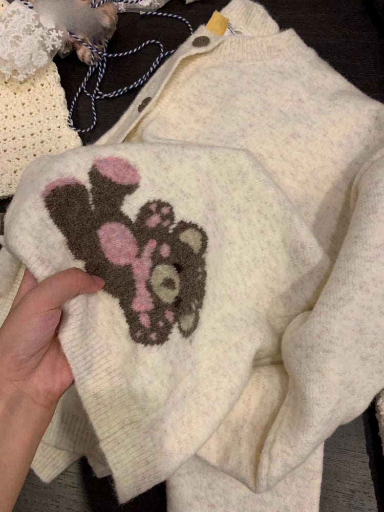 Preppy Style Kawaii Cute Casual Cardigans Y2k Aesthetic Women Knitted Cartoon Jacquard Tops Harajuku Single Breasted Loose Coats