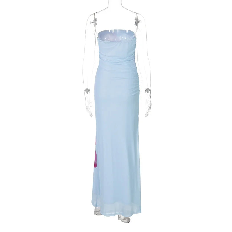 Off-shoulder Print Sexy Maxi Dress Women Gown Summer New Strapless Sleeveless Backless Bodycon Long Dress Elegant