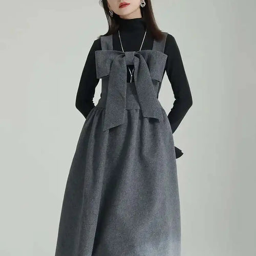 Load image into Gallery viewer, Women Gray Bow Bandage Spliced Long Elegant Woolen Dress New Sleeveless Loose Fit Fashion Tide Autumn Winter 2025 1DF3527
