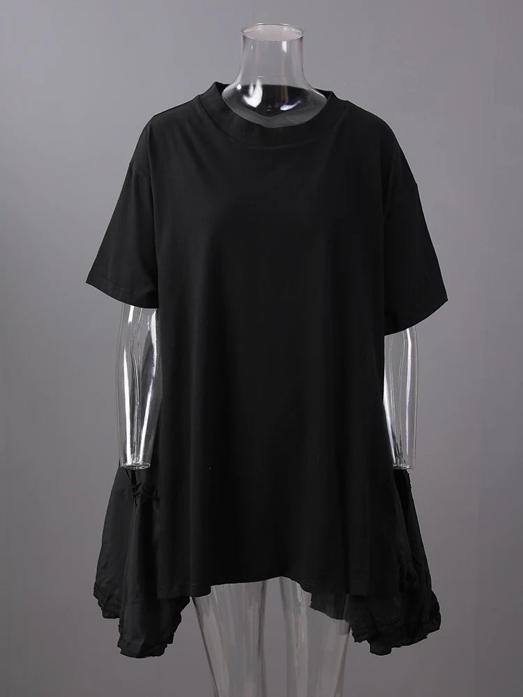 Women Black Ruffles Irregular Big Size Mini Dress New Round Neck Short Sleeve Fashion Tide Spring Summer 2025 1DH9574