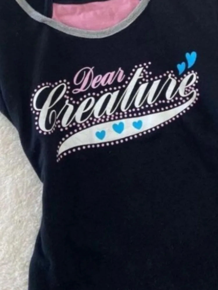 Two Pieces Set T-shirt Halter Patchwork Slim Casual Letter Cropped Top Women Y2k Aesthetic Summer Contrast Color Grunge Tees