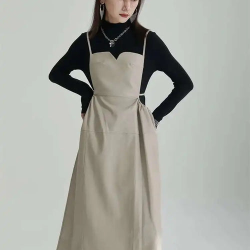 Load image into Gallery viewer, Women Apricot PU Leather Big Size Spaghetti Strap Dress New Square Collar Loose Fit Fashion Spring Autumn 2025 1DF4804
