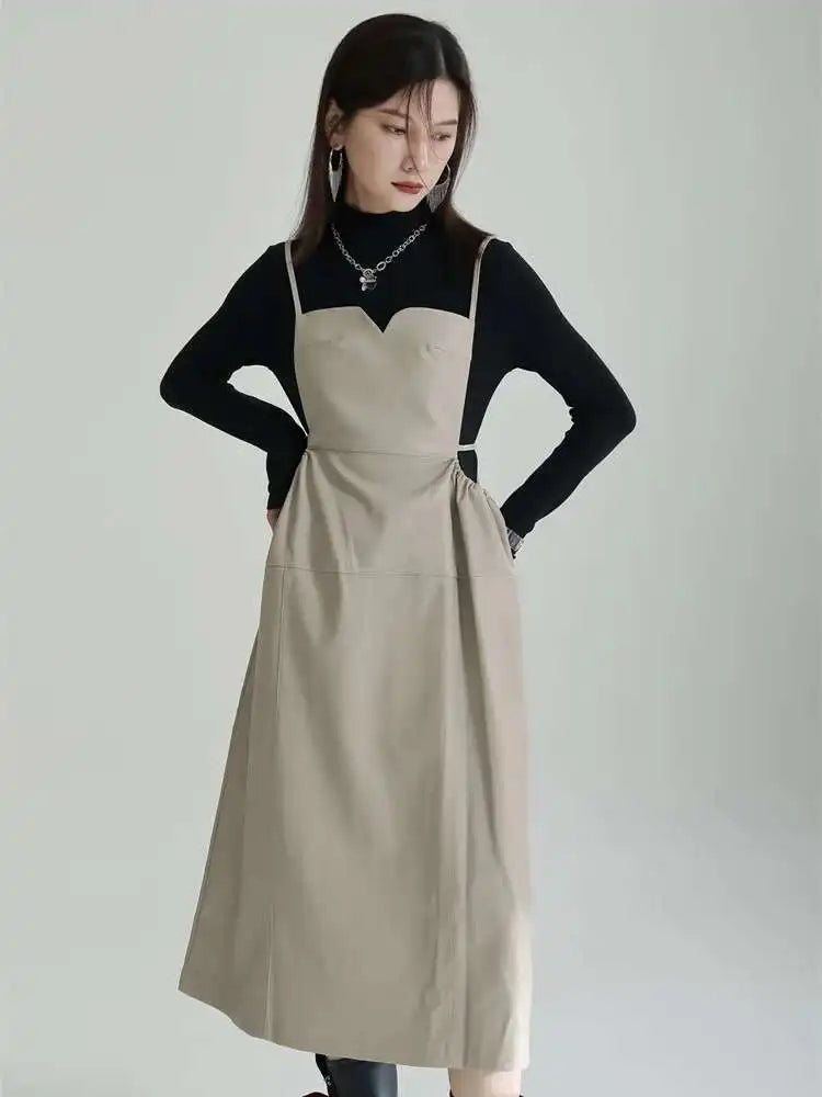 Women Apricot PU Leather Big Size Spaghetti Strap Dress New Square Collar Loose Fit Fashion Spring Autumn 2025 1DF4804