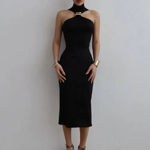 Load image into Gallery viewer, Turtleneck Off-shoulder Sexy Maxi Dress Women Gown Summer New Ring Metal Sleeveless Backless Skinny Knit Long Dress
