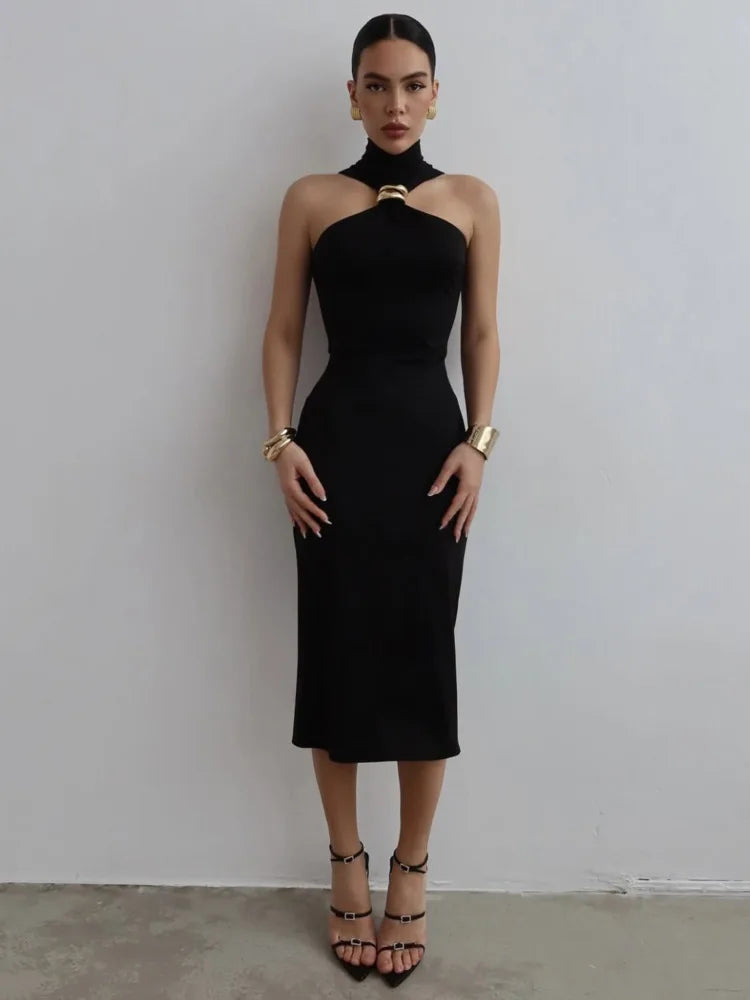Turtleneck Off-shoulder Sexy Maxi Dress Women Gown Summer New Ring Metal Sleeveless Backless Skinny Knit Long Dress