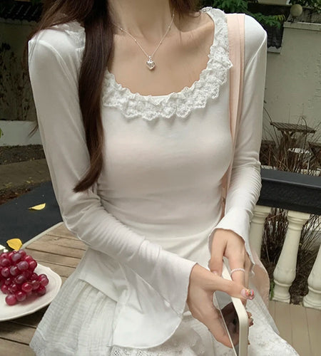 y2k Tops Women Coquette Clothing Ruffle Trim Scoop Neck Long Sleeve T Shirts Fairycore Aesthetic Clothes Streetwear