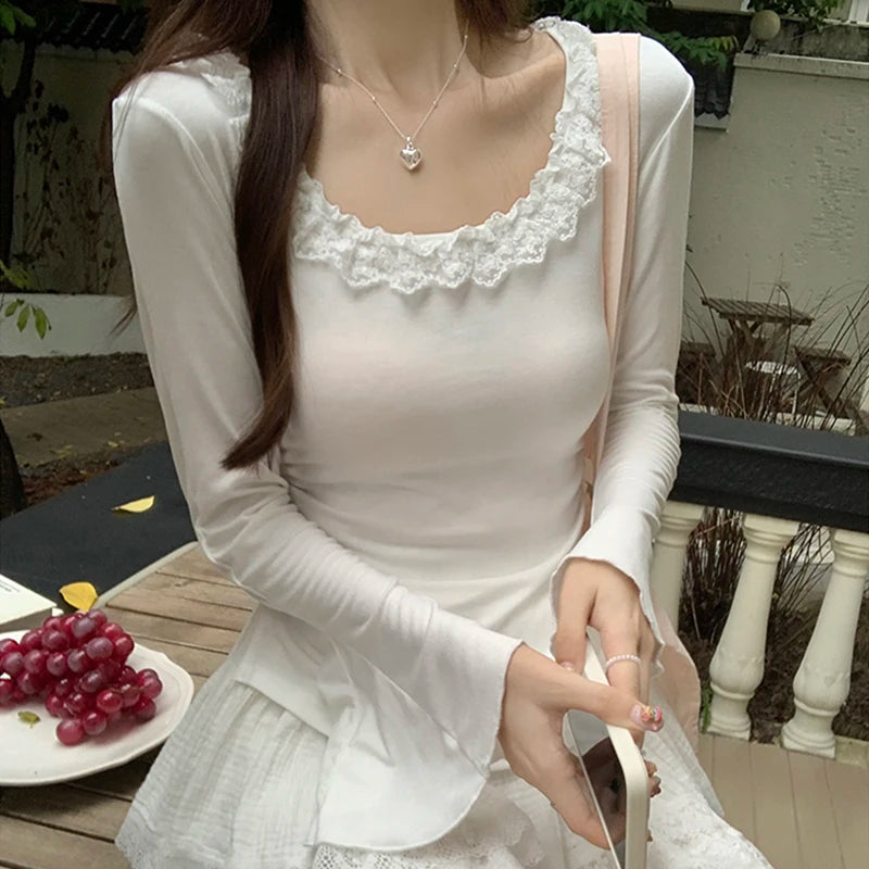 y2k Tops Women Coquette Clothing Ruffle Trim Scoop Neck Long Sleeve T Shirts Fairycore Aesthetic Clothes Streetwear
