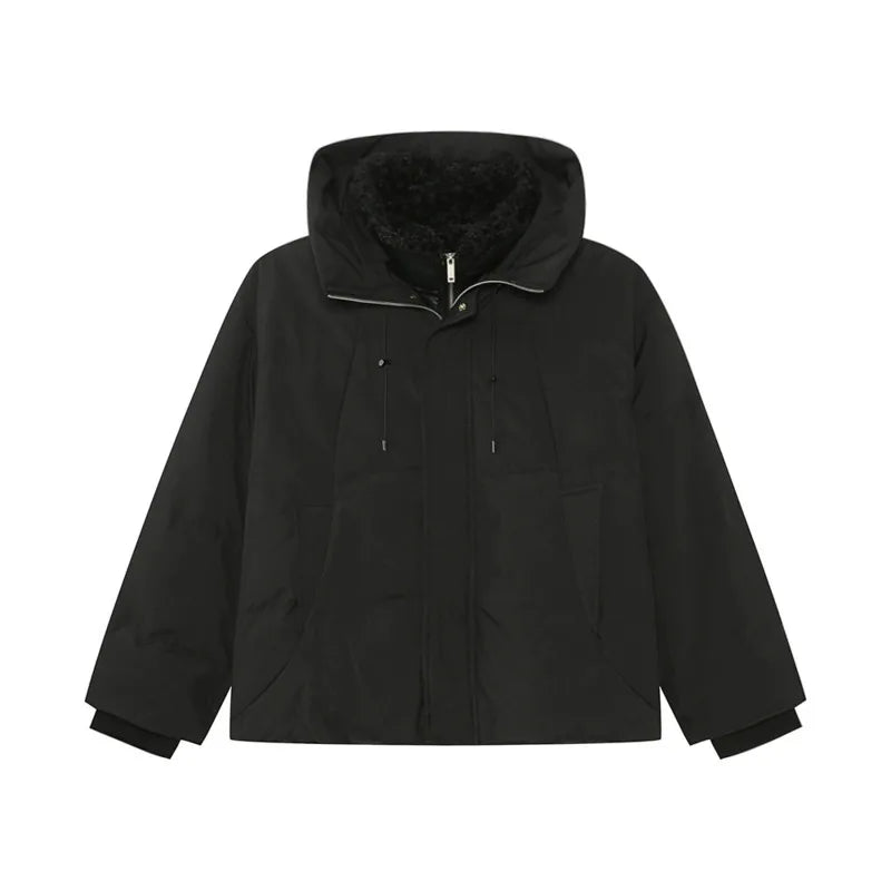 Niche Design Men's Down Jackets Fake Two-piece Hooded Stand Collar Solid Color Drawstring Casual Short Male Coats 9C9327