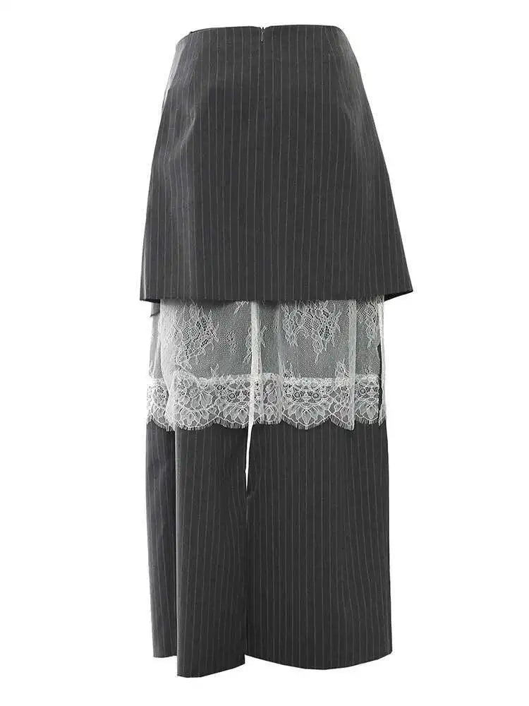 High Waist Gray Lace Striped Long Wide Leg Elegant Pants New Trousers Women Fashion Tide Spring Autumn 2025 1DH7476