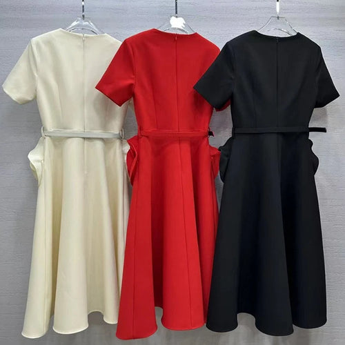 Load image into Gallery viewer, Elegant Solid Patchwork Appliques Dresses For Women V Neck Short Sleeve High Waist Spliced Belt Temperament Dress Female New
