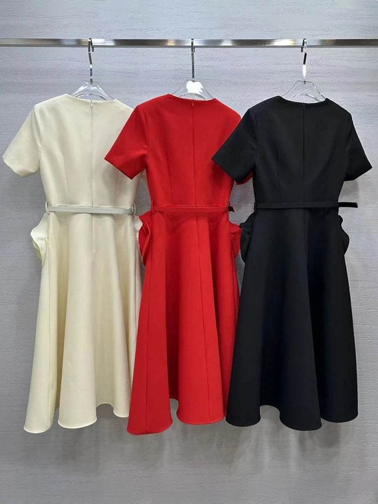 Elegant Solid Patchwork Appliques Dresses For Women V Neck Short Sleeve High Waist Spliced Belt Temperament Dress Female New