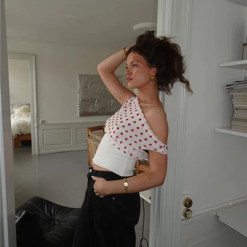 Load image into Gallery viewer, Backless Polka Dot Crop Tops Women Vest Fashion Summer New Oblique Shoulder Sleeveless Tank Tops Pullovers Female
