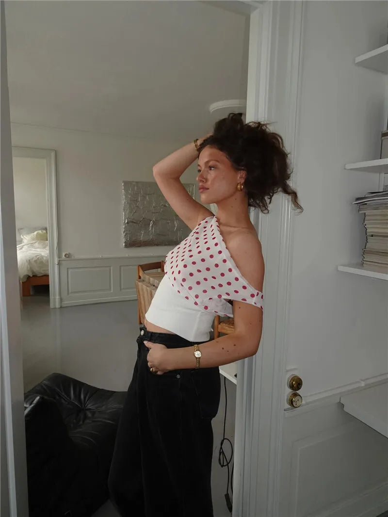 Backless Polka Dot Crop Tops Women Vest Fashion Summer New Oblique Shoulder Sleeveless Tank Tops Pullovers Female