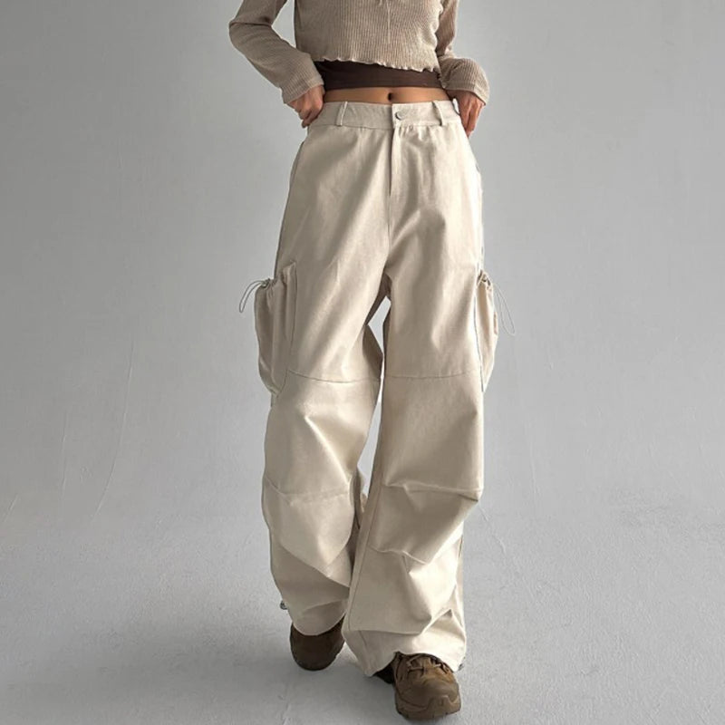 Harajuku Solid Drawstring Low Rise Parachute Pants Korean Fashion Pockets Draped Baggy Trousers Tech Sweatpants Chic