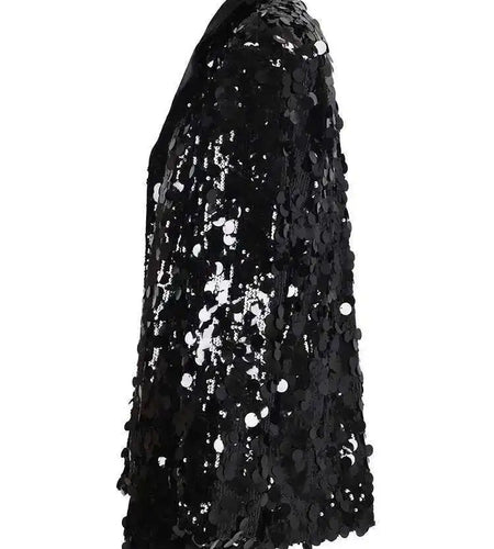 Black Sequins Shining Big Size Casual Jacket New Lapel Long Sleeve Women Coat Fashion Tide Spring Autumn 2025 CPG1020