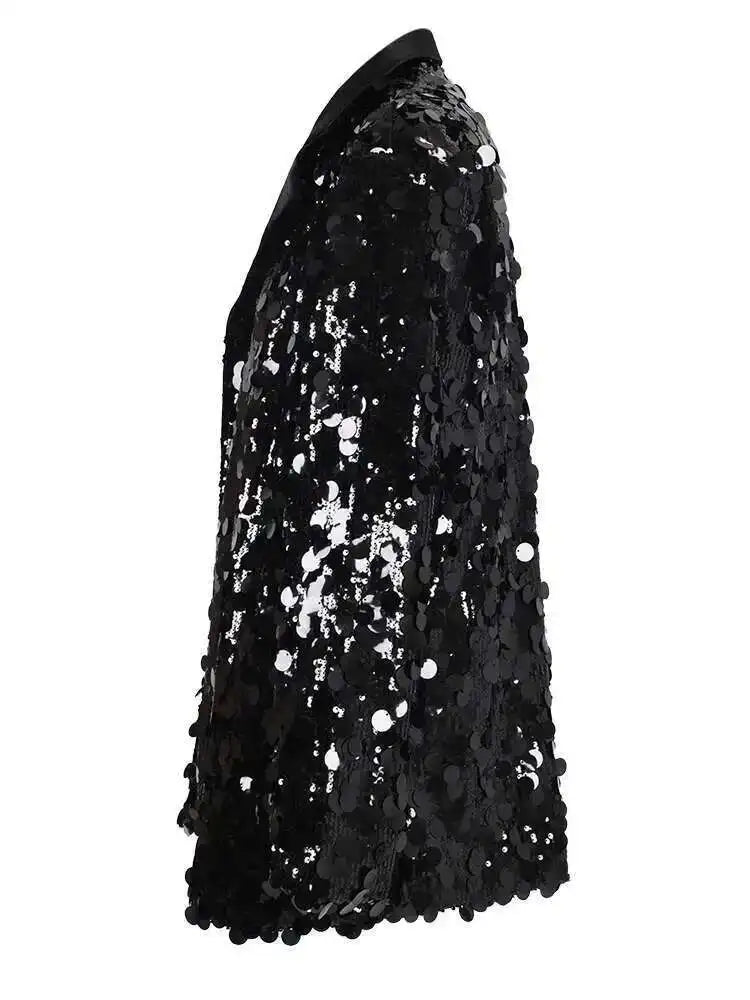 Black Sequins Shining Big Size Casual Jacket New Lapel Long Sleeve Women Coat Fashion Tide Spring Autumn 2025 CPG1020