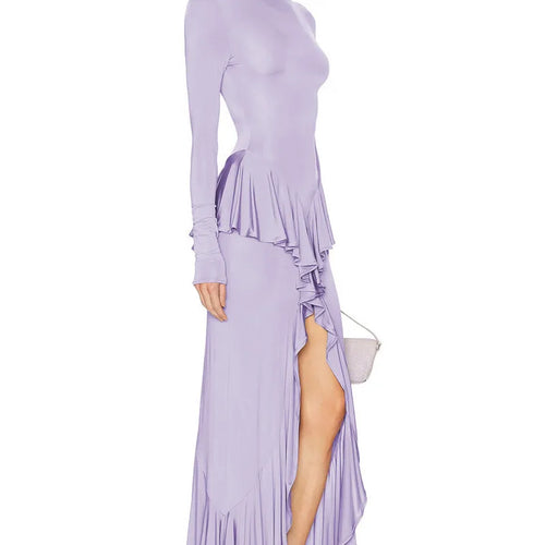 Load image into Gallery viewer, Backless Ruffled Sexy Maxi Dress For Women Gown Fashion O Neck Long Sleeve Thigh High Split Evening Long Dress Elegant
