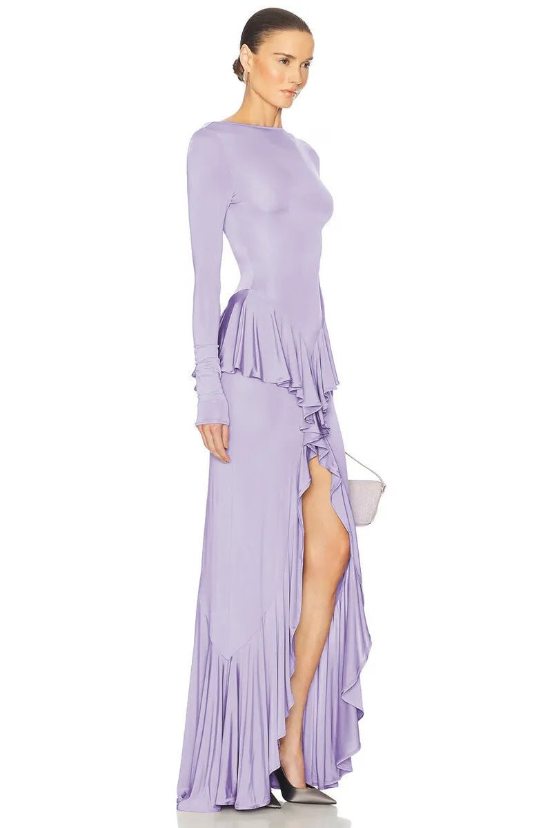 Backless Ruffled Sexy Maxi Dress For Women Gown Fashion O Neck Long Sleeve Thigh High Split Evening Long Dress Elegant
