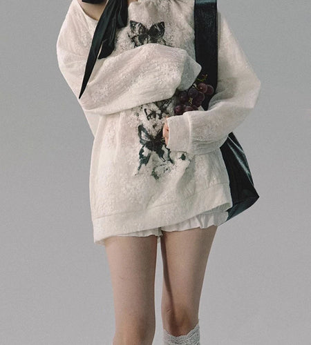 Loose Printing Spliced Lace Up Fashion Sweatshirts for Women O Neck Long Sleeves Sheer Irregular Sweatshirt Female