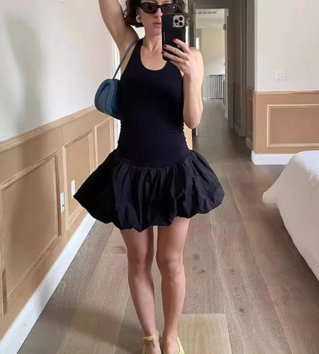 Black Sleeveless Puffy Dress For Women Fashion Round Neck High Waist Backless A-line Loose Sexy Dress Clothes