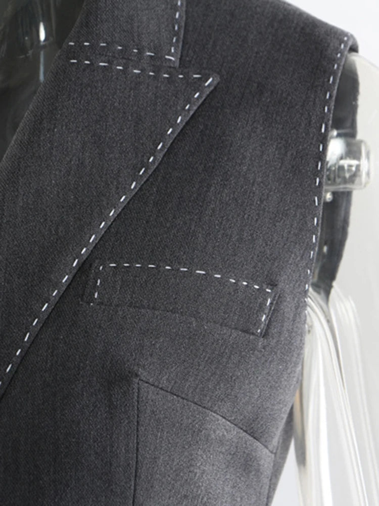 Women Gray Topstitched Mesh Elegant Shaped Long Dress New V-Neck Sleeveless Fashion Tide Spring Autumn 2025 1DJ0343