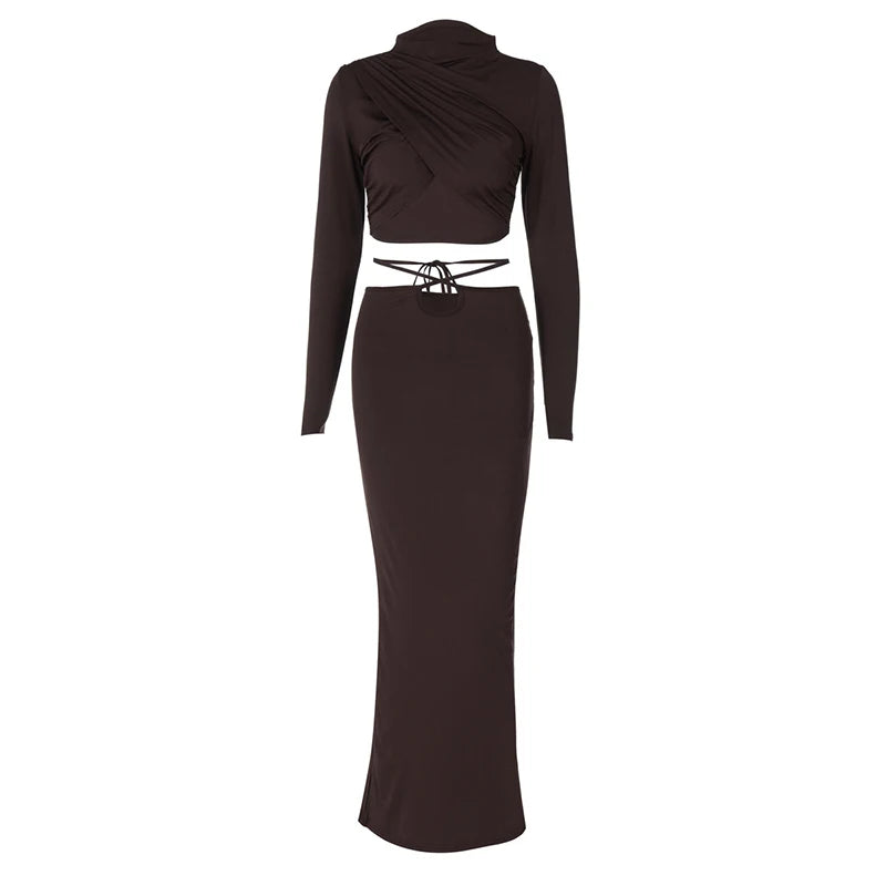 Sexy Skirt Two Pieces Sets For Women Long Sleeve Lace-up Crop Top And Long Skirt Elegant Bodycon Sexy Two Pieces Sets