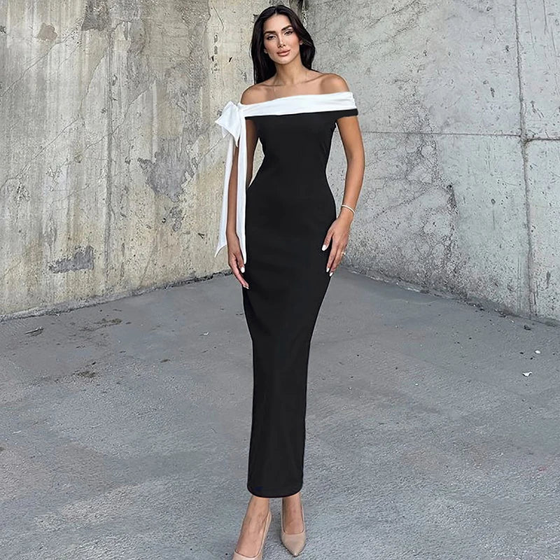 Sleeveless Ribbon Off-shoulder Solid Sexy Autumn Winter Maxi Dress For Women High Waist Bow Bodycon Party Long Dress