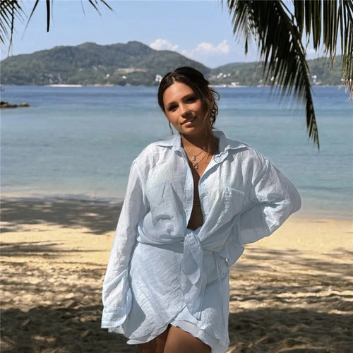 Load image into Gallery viewer, Summer Beach Two Piece Sets Women Long Sleeve Shirt And Mini Skirt Female See Through Loose 2 Piece Set Beachwear
