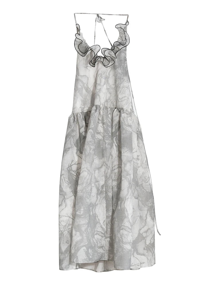 Women Gray Ruffled Backless Elegant Long Strapless Dress New Halter Sleeveless Fashion Tide Spring Autumn 2025 1DJ0014