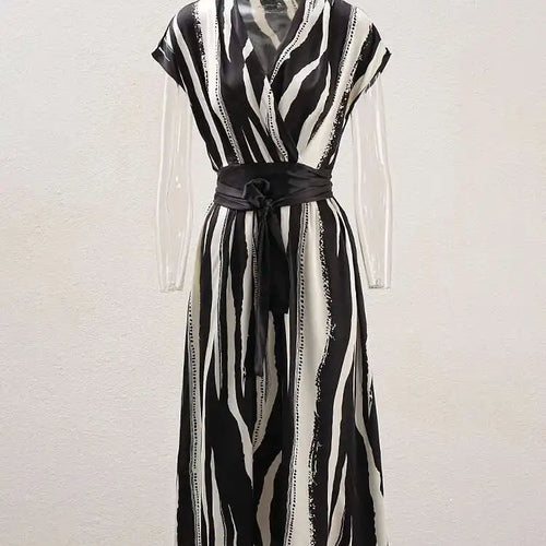 Load image into Gallery viewer, Women Beige Striped Printed Belted Elegant Midi Dress New V-Neck Sleeveless Fashion Tide Spring Summer 2025 CPG1504
