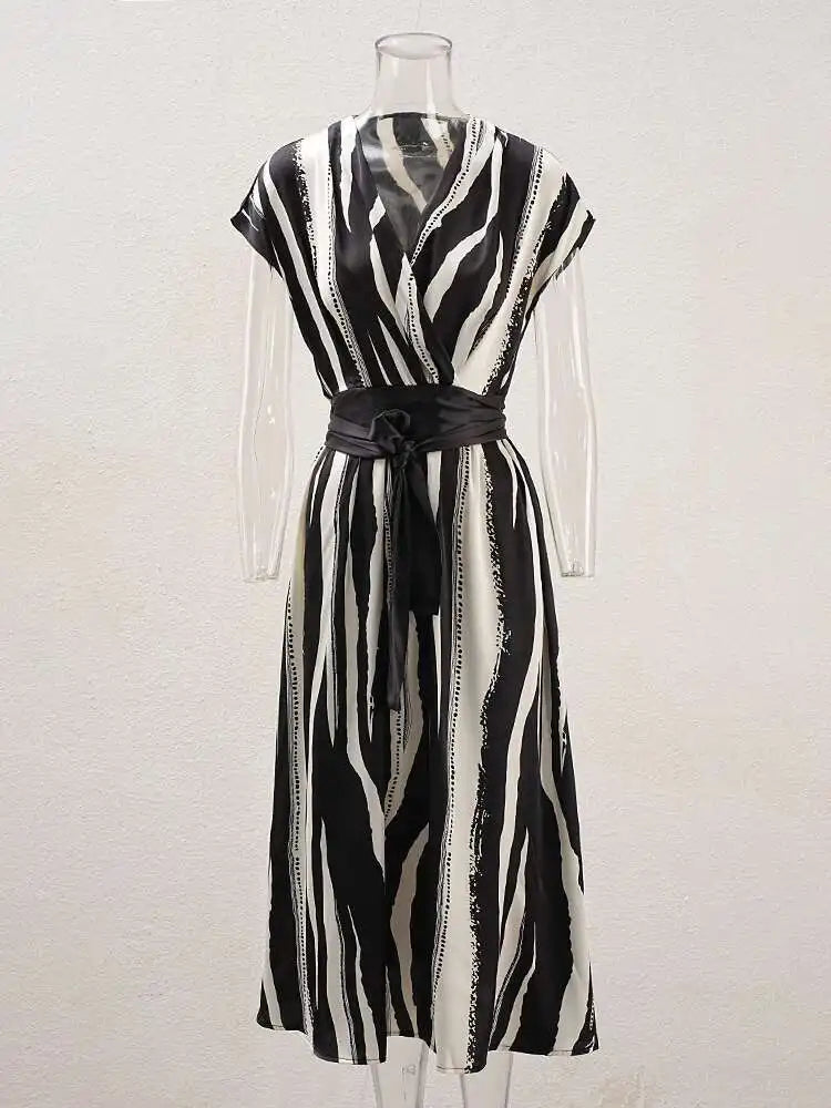 Women Beige Striped Printed Belted Elegant Midi Dress New V-Neck Sleeveless Fashion Tide Spring Summer 2025 CPG1504