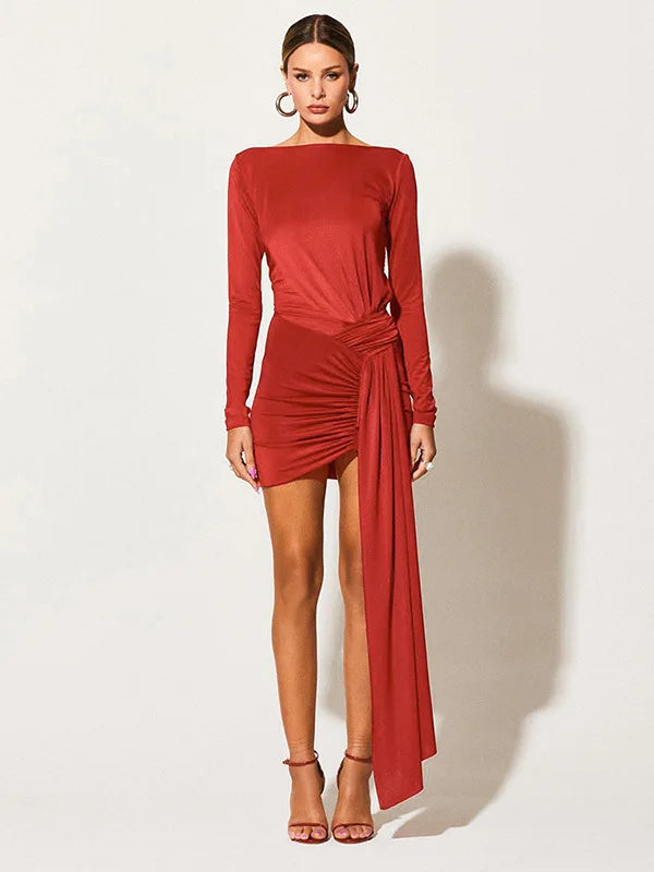 Elegant Long Sleeved Lace Up Backless Dress For Women 2024 New Straight Neck Bodycon Ribbon Slim Fitting Evening Dress