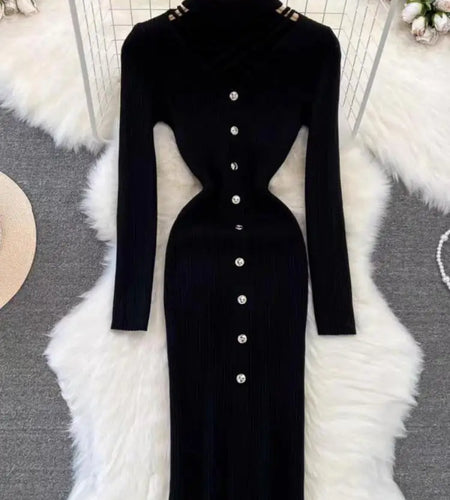 Black Single Breasted Dresses Ladies 2023 Autumm Winter Korean Style Beige Sweater Knitted Office Lady Elegant Red Dress Fashion