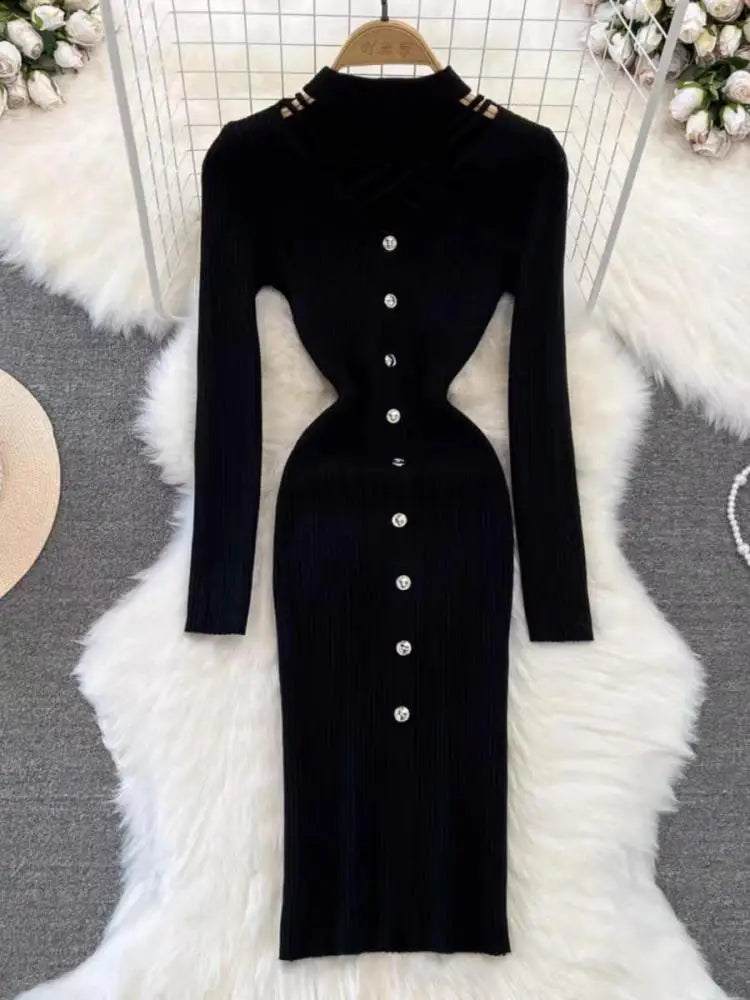 Black Single Breasted Dresses Ladies 2023 Autumm Winter Korean Style Beige Sweater Knitted Office Lady Elegant Red Dress Fashion