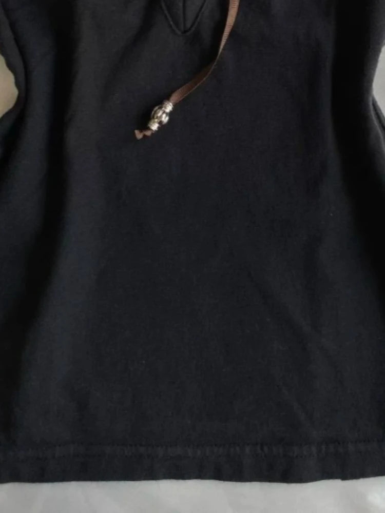 Vintage Fake Two Piece Black T-shirt Womens Harajuku Lace Patchwork Bandage Tops Streetwear Grunge Slim Fit VSummer Shirts Femme