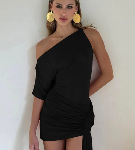 Oblique Shoulder Backless Irregular Sexy Mini Dress For Women Fashion Sleeveless Draped Ruched Club Dress Elegant