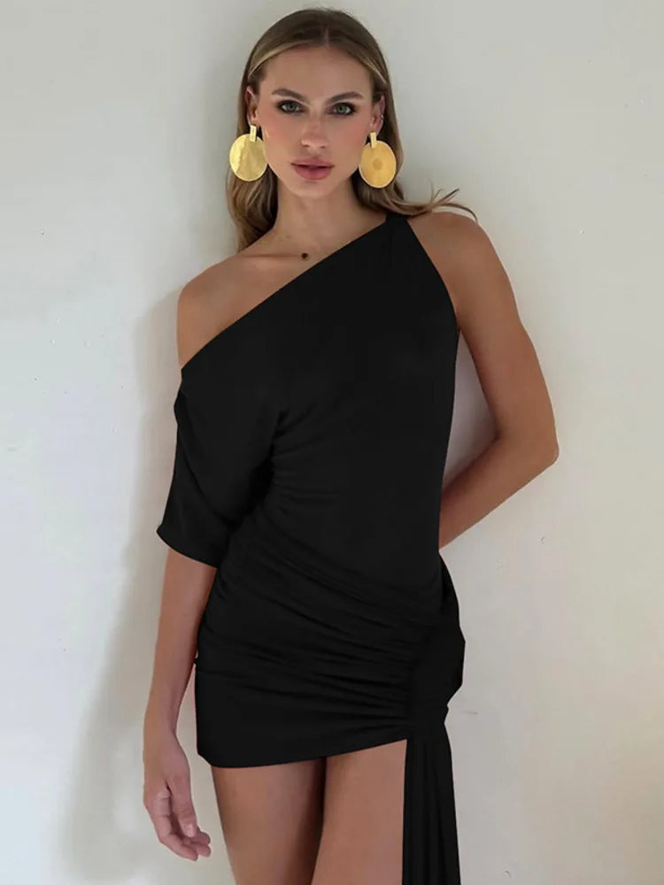 Oblique Shoulder Backless Irregular Sexy Mini Dress For Women Fashion Sleeveless Draped Ruched Club Dress Elegant