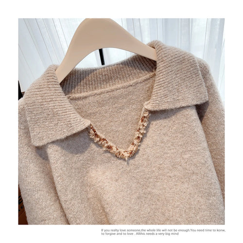 Load image into Gallery viewer, Korean Fashion Autumn Winter Khaki Elegant Pullover Short Sweater Women's 2024 New Purple Long Sleeved Loose Knitted Tops Street
