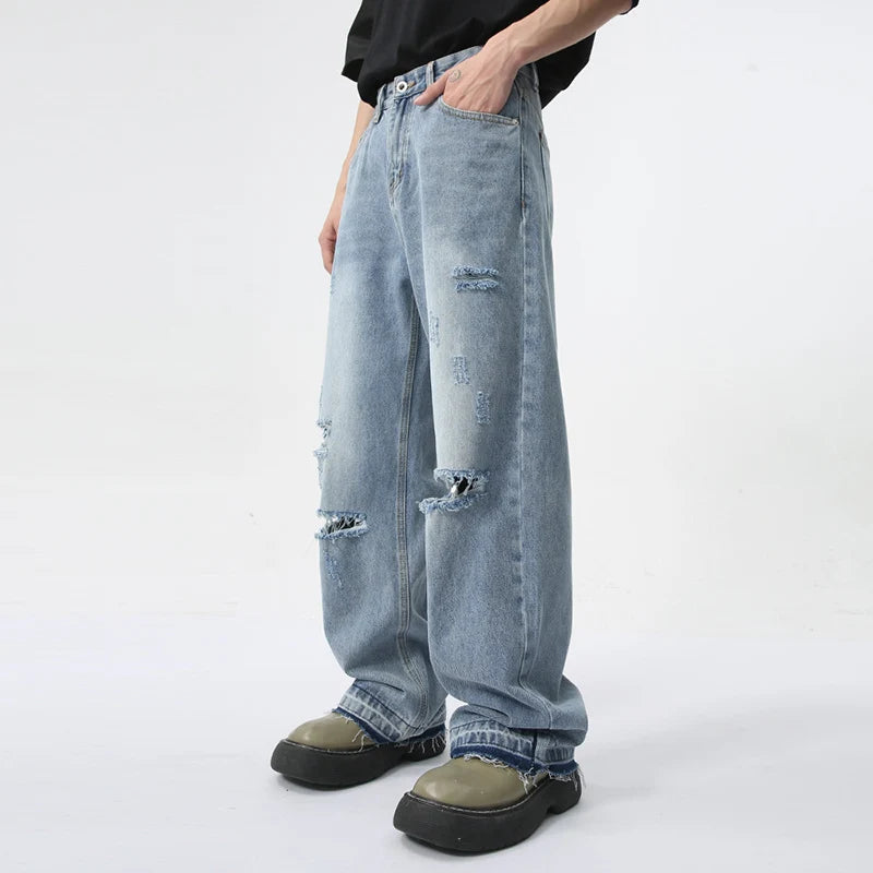 Trendy Men's Straight Jeans Worn-out Hole Design Autumn New Streetwear American Style Wide Leg Denim Pants Spring 9C5979