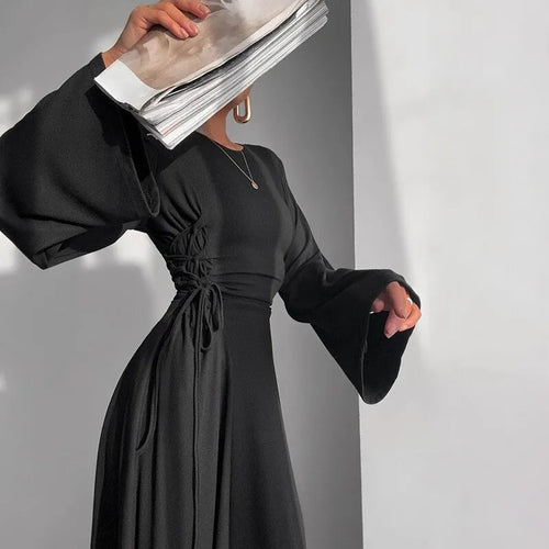 Load image into Gallery viewer, Ribbed Bandage Sexy Maxi Dress For Women Solid Lace-up O Neck Long Sleeve High Waist Elegant Long Dress Fashion
