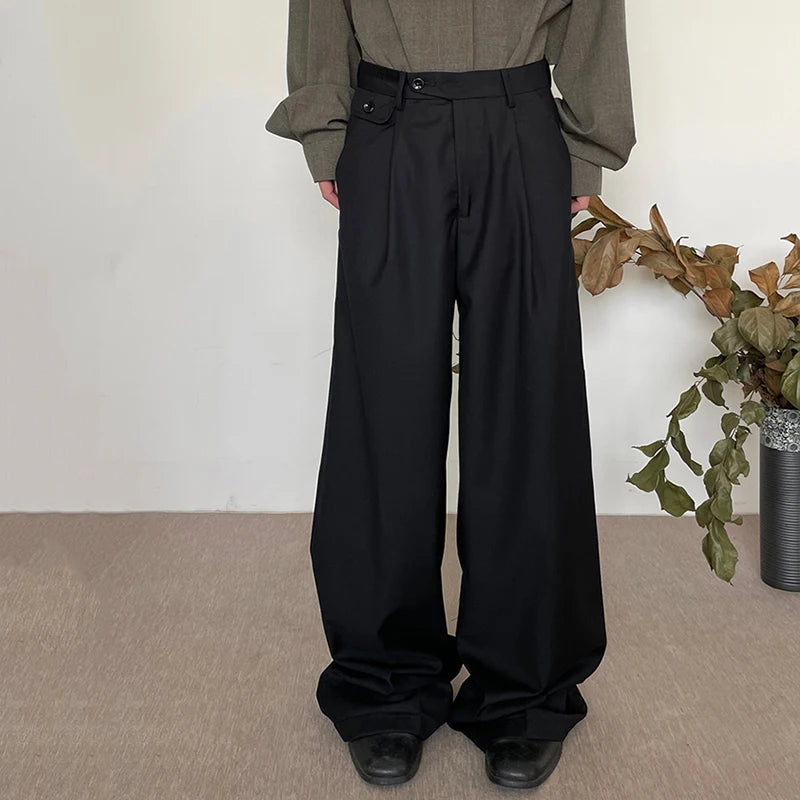 Korean Style Men's Suit Pants Pleated Soldi Color Droop Straight Business Casual Wide Leg Loose Male Trousers Tide 9C8870