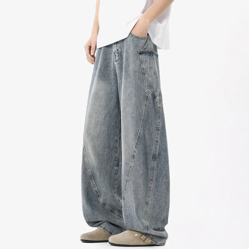 Men's Jeans New American High Street Design Loose Solid Color Washed Casual Male Straight Leg Denim Pants Spring 2025